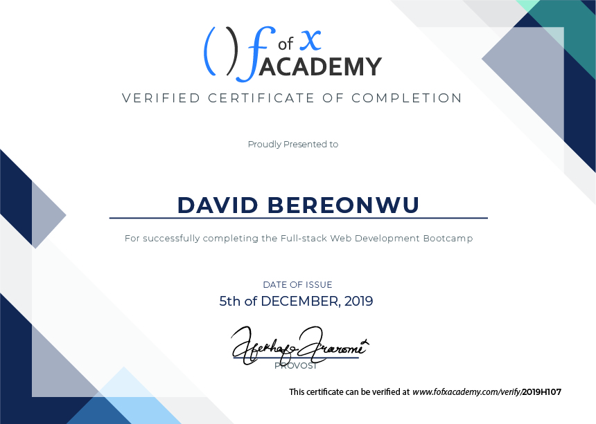 Certificate of Completion for David Bereonwu, a member of Cohort Hydrogen, the Developer Bootcamp  held at fofx Academy, Gbagada-Lagos Training Center.