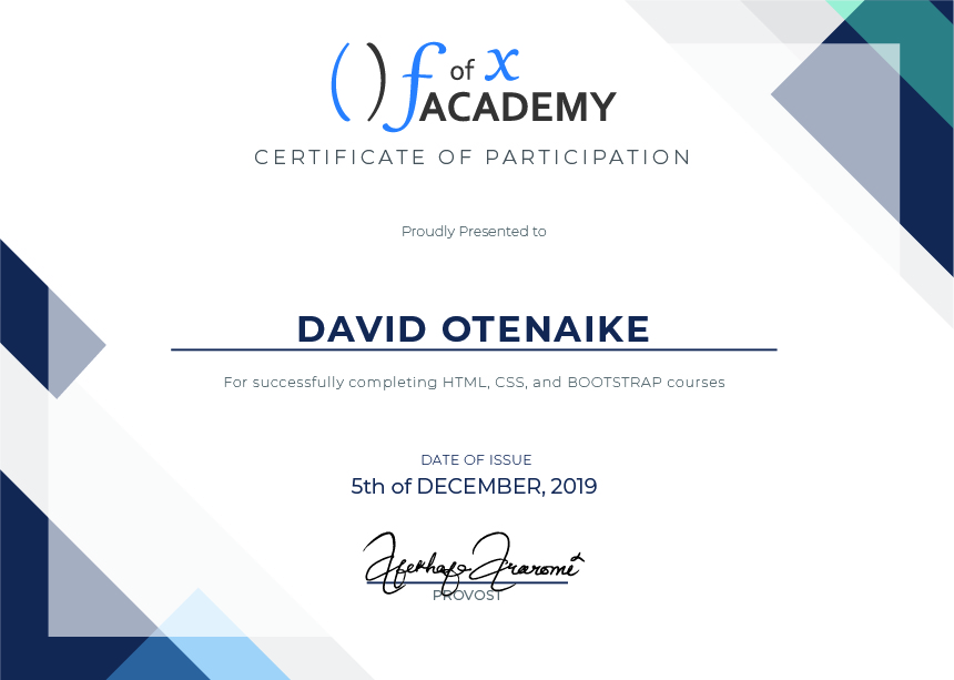Certificate of Participation for David Otenaike, a member of Cohort Hydrogen, the Developer Bootcamp  held at fofx Academy, Gbagada-Lagos Training Center.