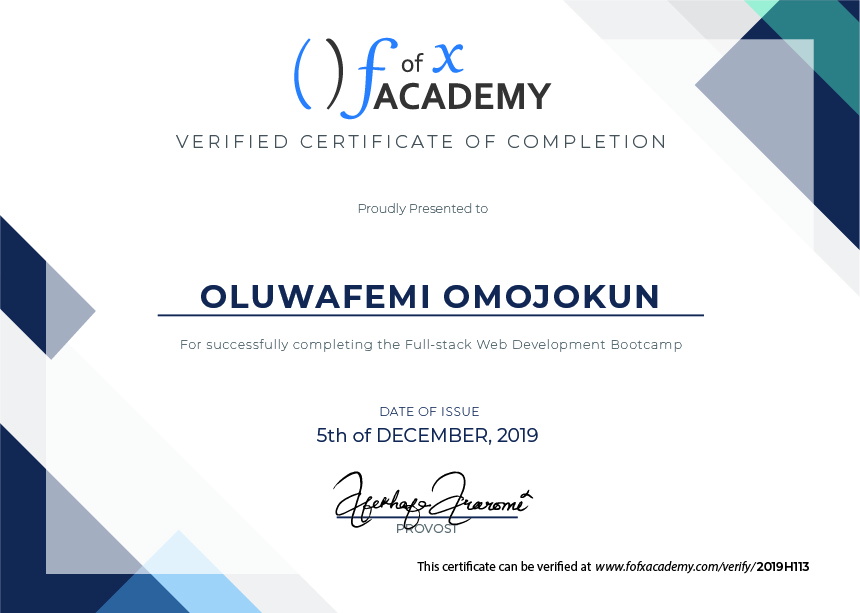 Certificate of Completion for Oluwafemi Omojokun, a member of Cohort Hydrogen, the Developer Bootcamp  held at fofx Academy, Gbagada-Lagos Training Center.