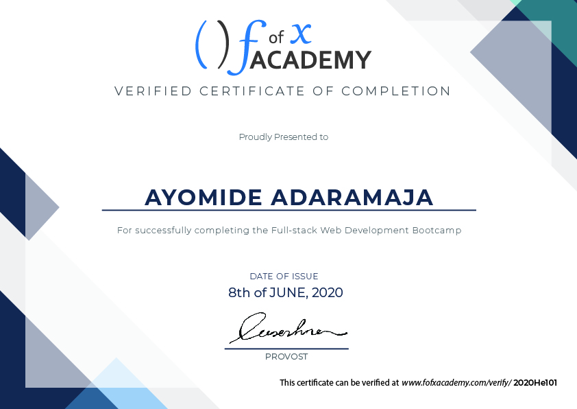 Certificate of Completion for Ayomide Adaramaja, a member of Cohort Helium, the Developer Bootcamp  held at fofx Academy, Gbagada-Lagos Training Center.