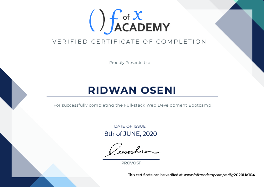 Certificate of Completion for Ridwan Oseni, a member of Cohort Helium, the Developer Bootcamp  held at fofx Academy, Gbagada-Lagos Training Center.